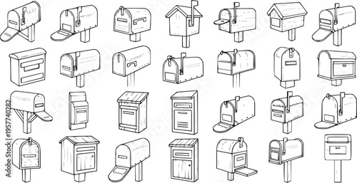 Mailbox Variety: Hand-Drawn Sketch Set of Different Style Mailboxes
