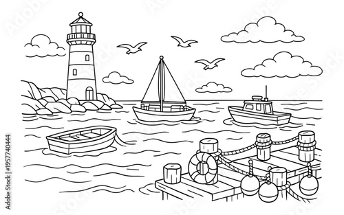 Charming cartoon illustration of a coastal scene with a lighthouse, boats, and seagulls