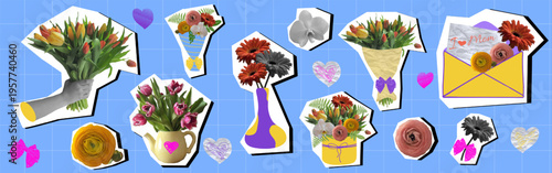 Vintage Mothers Day collage with flowers in retro sticker set , halftone effect. Floral scrapbook elements for greeting card design, printable templates, social media and seasonal projects