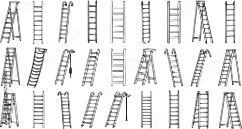 Collection of Hand-Drawn Ladder Types Isolated on White Background. Various Sketch Illustrations of Wooden, Metal, and Folding Ladders for Climbing and Construction.