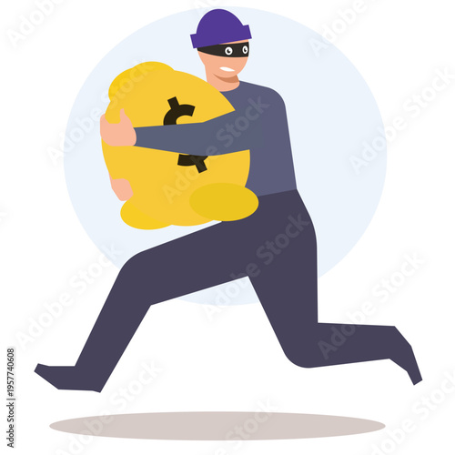 Cartoon Thief Running with Money Bag Illustration Representing Crime and Robbery