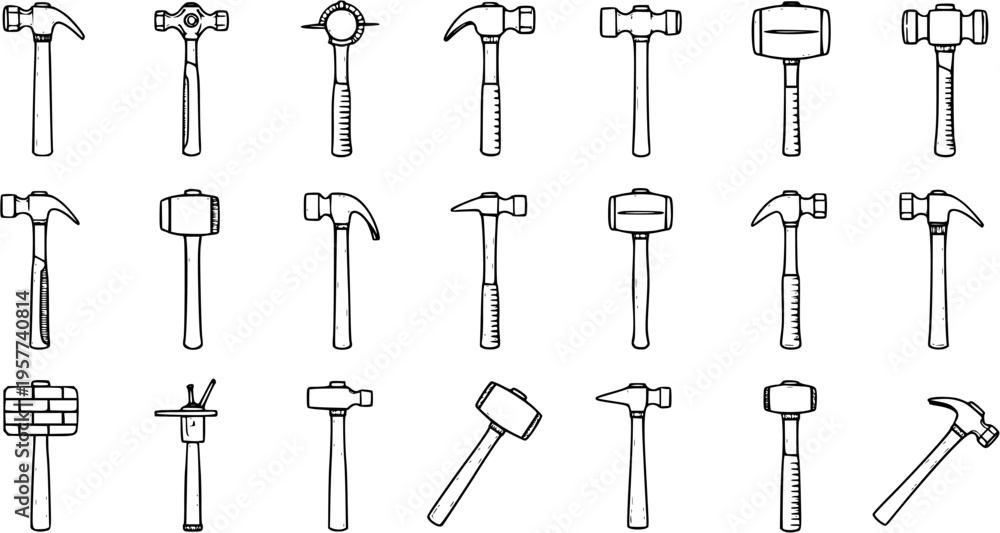 Obraz premium Assorted Hammer Collection: Hand-Drawn Style, Black and White Line Art