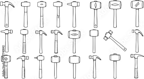 Diverse Set of Hand-Drawn Hammer Tools Vector Illustration: Line Art Collection of Various Mallets, Claw Hammers, and Sledgehammers
