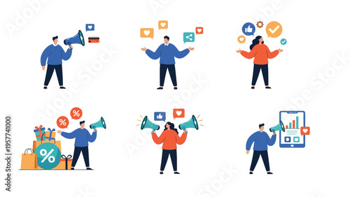 Digital Marketing, Social Media Promotion, and Communication Concepts. People broadcasting messages, engaging with online content, and driving sales.