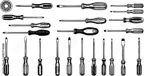 Vintage hand-drawn illustration set of screwdrivers. A collection of essential hand tools for repair, construction, and maintenance in a classic engraved style.