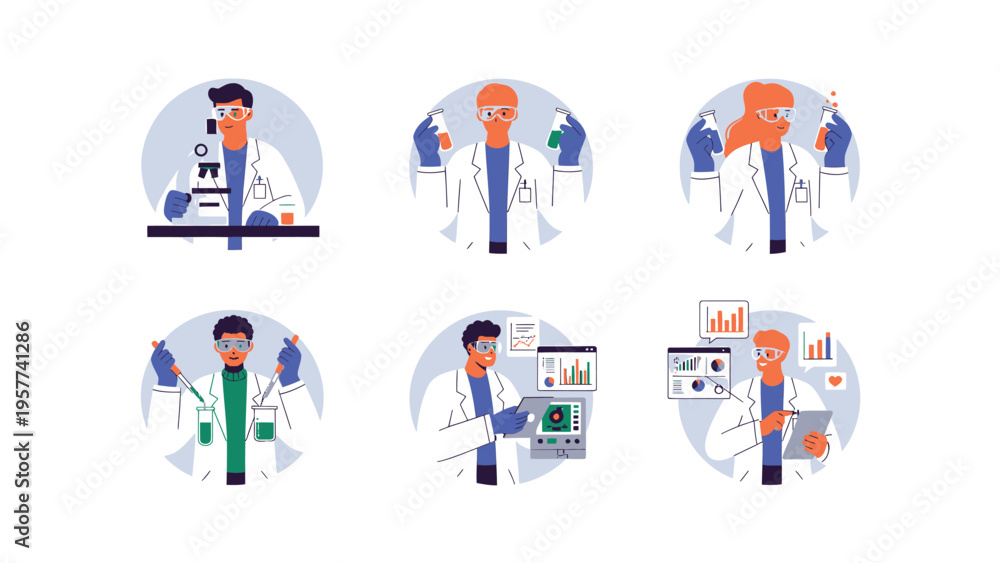 Fototapeta premium Scientists and Researchers in Lab Coats Conducting Experiments and Data Analysis - Vector Illustration Set