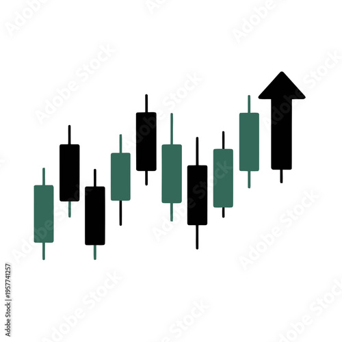 A series of candlestick bars is displayed, symbolizing financial data, while an upward arrow indicates a positive trend.