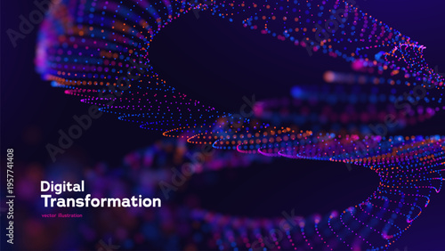 Futuristic Technology Background With Colorful Particle Stream Forming Funnel Shape. Digital Network And Big Data Flow Concept. Technology Innovations And Data Networks. Vector Illustration.