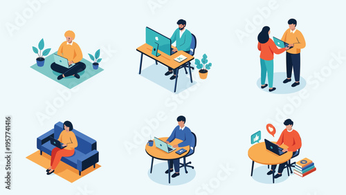 Isometric Remote Work & Online Learning Scenes: People Collaborating Digitally with Laptops