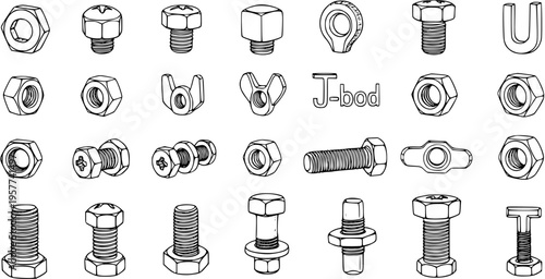 Line Art Bolts and Nuts: Hand Drawn Vector Illustration Set