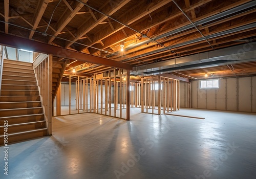 Unfinished basement interior with wooden framing and staircase