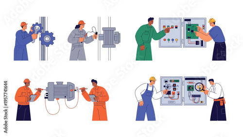 Industrial Engineering & Maintenance: Technicians Working on Machinery, Gears & Electrical Panels