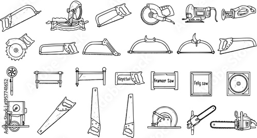 Diverse Saw Collection Illustration: Hand Saws, Power Saws, and Antique Saws