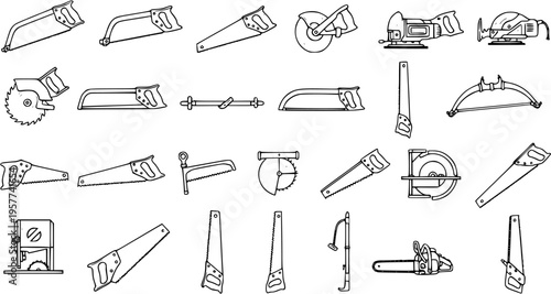 Detailed outline illustrations featuring a wide variety of saws, including hand saws, power saws, chainsaws, and specialized cutting tools collection.