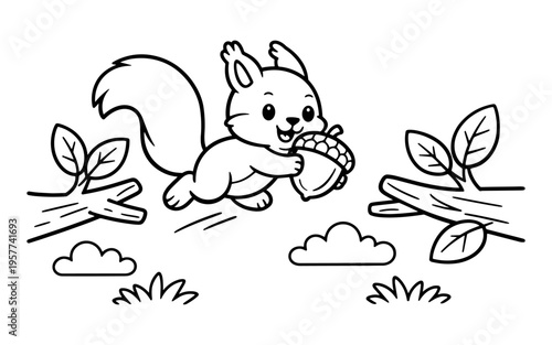 Cute cartoon squirrel jumping with an acorn in its mouth on a white background