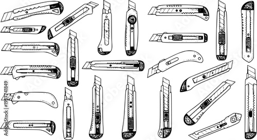 Hand-Drawn Sketch Set of Various Utility Knives and Box Cutters: Detailed illustration showing assorted retractable blades, craft knives, and cutting tools.