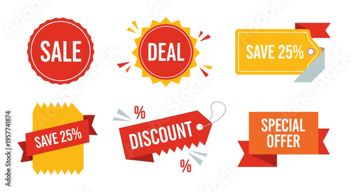 Collection of discount and sale tags.