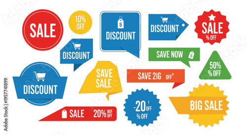 Collection of sale discount stickers.