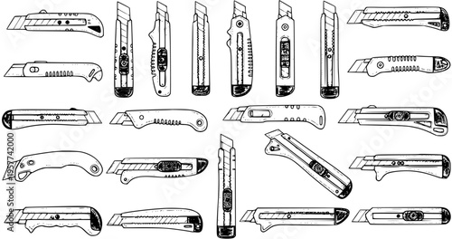 Collection of Hand-Drawn Utility Knives: Seamless Pattern Vector Illustration