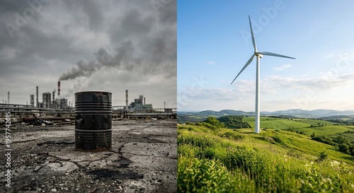 Energy Transition Concept – Oil Barrel vs Wind Turbine in Split Landscape Composition
