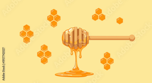 Honey dipper with dripping honeycomb sweet.