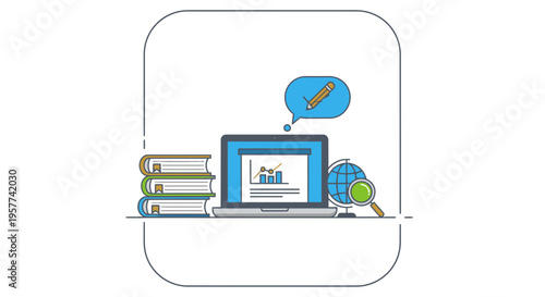 Laptop with books and globe nearby.