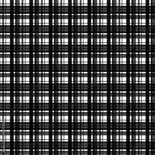 Seamless black and white tartan plaid pattern. Classic checkered textile texture background for fabric, fashion, and decor. Elegant geometric lattice design with intersecting stripes.