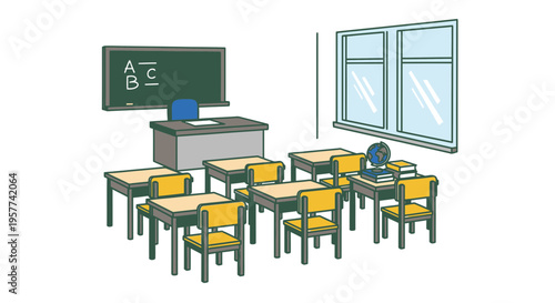 School desks and chairs in classroom.
