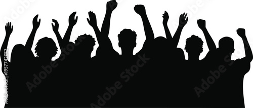 Black silhouette of a crowd of people cheering with raised arms
