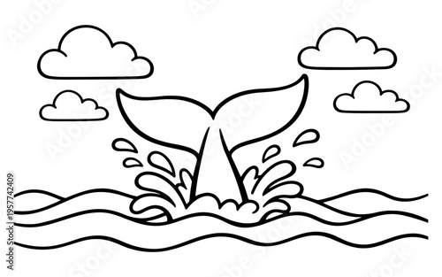 Whale tail splashing in ocean waves with clouds in the sky