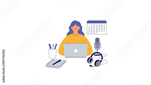 Remote work setup illustration: Woman on laptop with microphone, headphones, and calendar for online communication