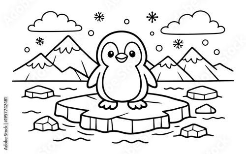 Cute cartoon penguin standing on an ice floe with mountains and snow in the background