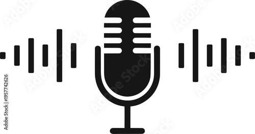 Black and white microphone icon with sound waves