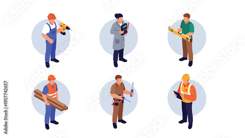 Isometric Skilled Workers & Trades Professions Set - Construction, Mechanic, Scientist, Engineer Illustrations