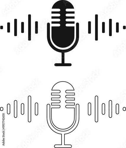 Microphones with sound waves on white background