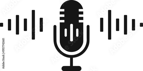 Black and white icon of a microphone with sound waves