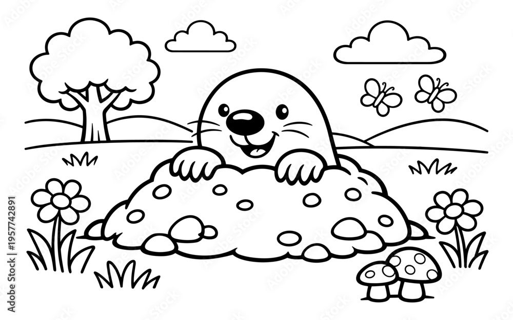 Fototapeta premium Cute cartoon mole peeking out of its hole in a sunny meadow