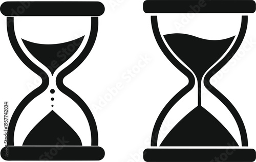 Two hourglasses with sand flowing on white background