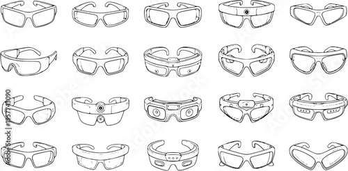 Diverse collection of smart glasses and traditional eyewear designs in detailed line art sketch style for augmented reality, virtual reality, and daily use