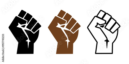 Set of three diverse raised fist icons in black brown and outline styles