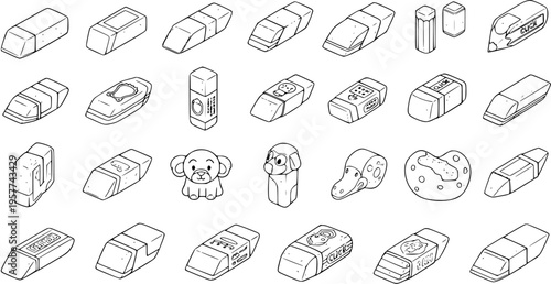 Line Art Erasers Set. Hand-drawn vector collection of diverse stationery rubbers, including classic blocks, animal shapes, and click designs, perfect for school, office, and educational materials.