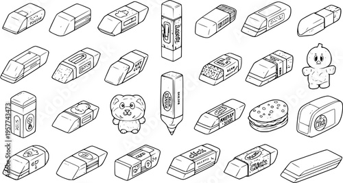 Collection of Various Erasers in Black and White Outline Style, Stationary School Supplies Set, Different Shapes and Designs Line Art Vector Illustration