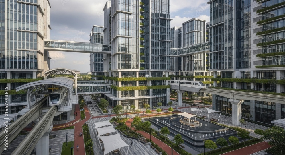Fototapeta premium Futuristic Cityscape With Skybridges And Elevated Train System