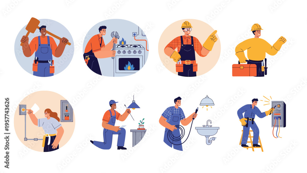 Fototapeta premium Diverse Home Repair & Maintenance Services. Skilled Tradesmen Illustrations: Electricians, Plumbers, Handymen, Technicians.
