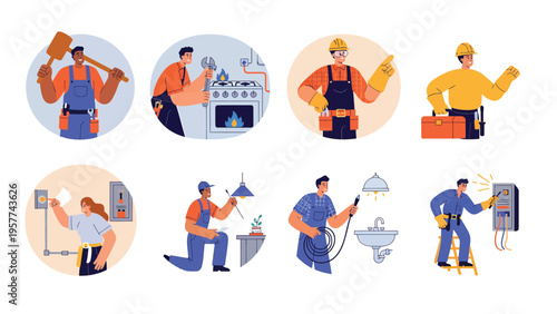 Diverse Home Repair & Maintenance Services. Skilled Tradesmen Illustrations: Electricians, Plumbers, Handymen, Technicians.