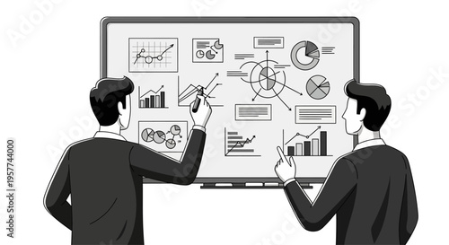 Two businessmen analyzing data on a whiteboard.