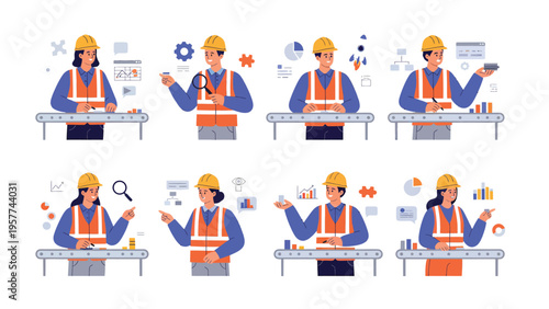 Manufacturing quality control and production line process. Industrial workers performing inspection and data analysis. Factory automation concept.