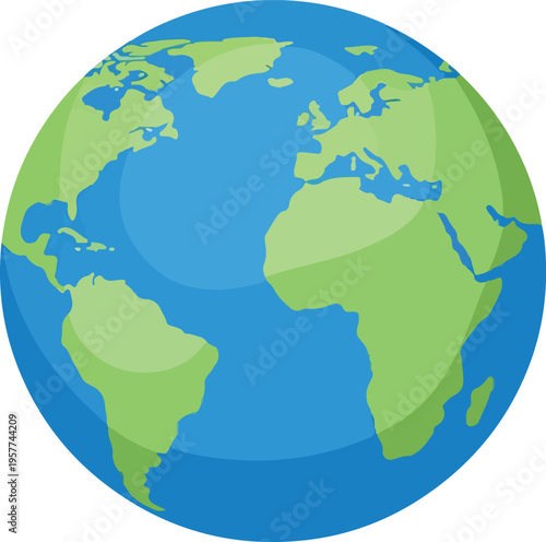 Vector illustration of a green globe isolated on a white background showing a map of the earth with the continents of Asia, America, and Europe as an authentic global travel atlas geography icon