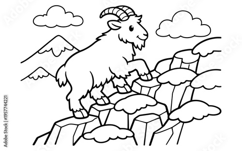 Cute cartoon goat climbing rocky mountains with clouds in the sky