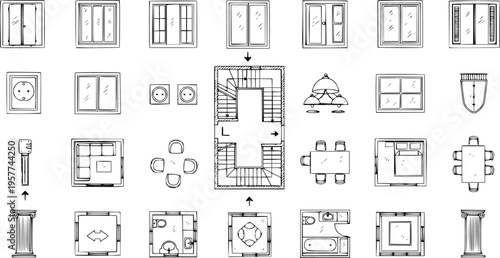 Hand-drawn architectural symbols and elements for floor plans, including doors, windows, furniture, stairs, and electrical outlets, perfect for house design projects.